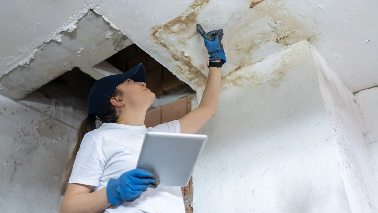 Inspector with a tablet examining a water stained ceiling opening