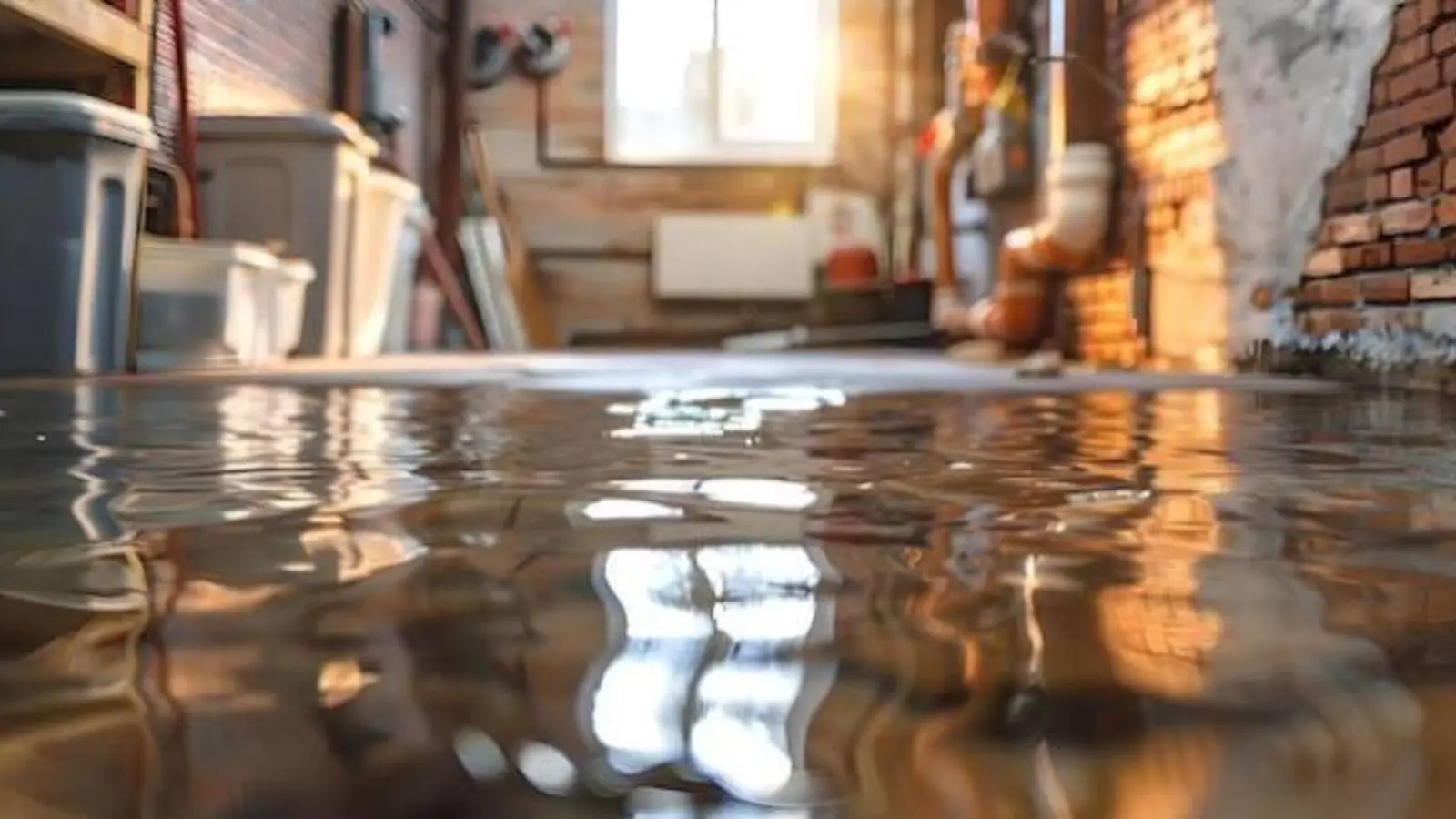Water on the floor of a brick walled basement