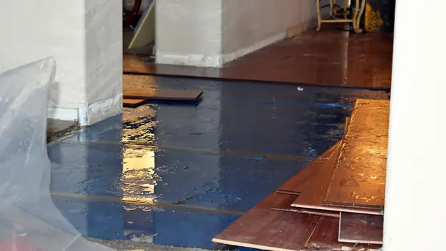 Buckled wood floorboards with plastic sheeting along the wall