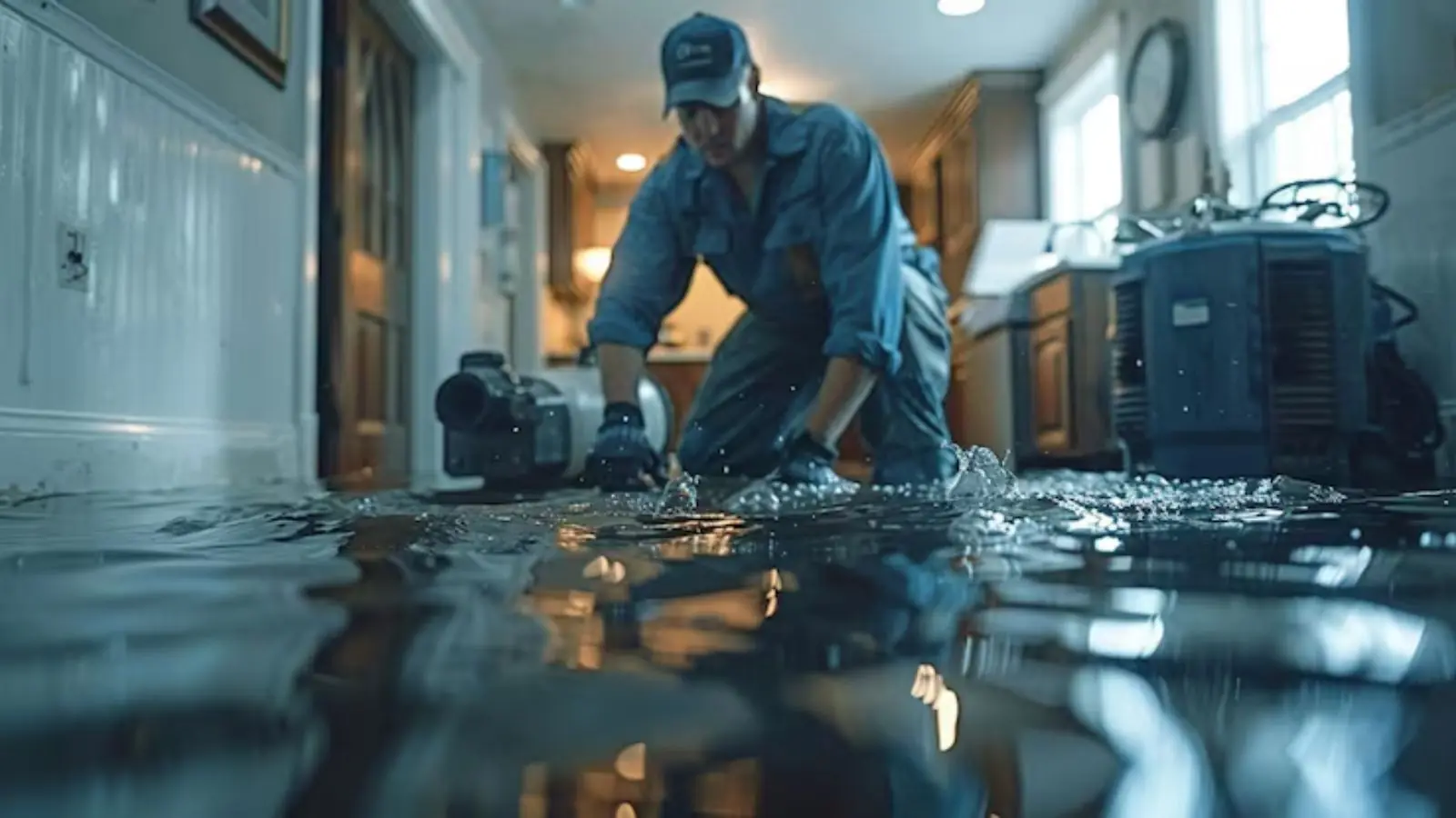 Technician setting up equipment in a flooded room during water cleanup